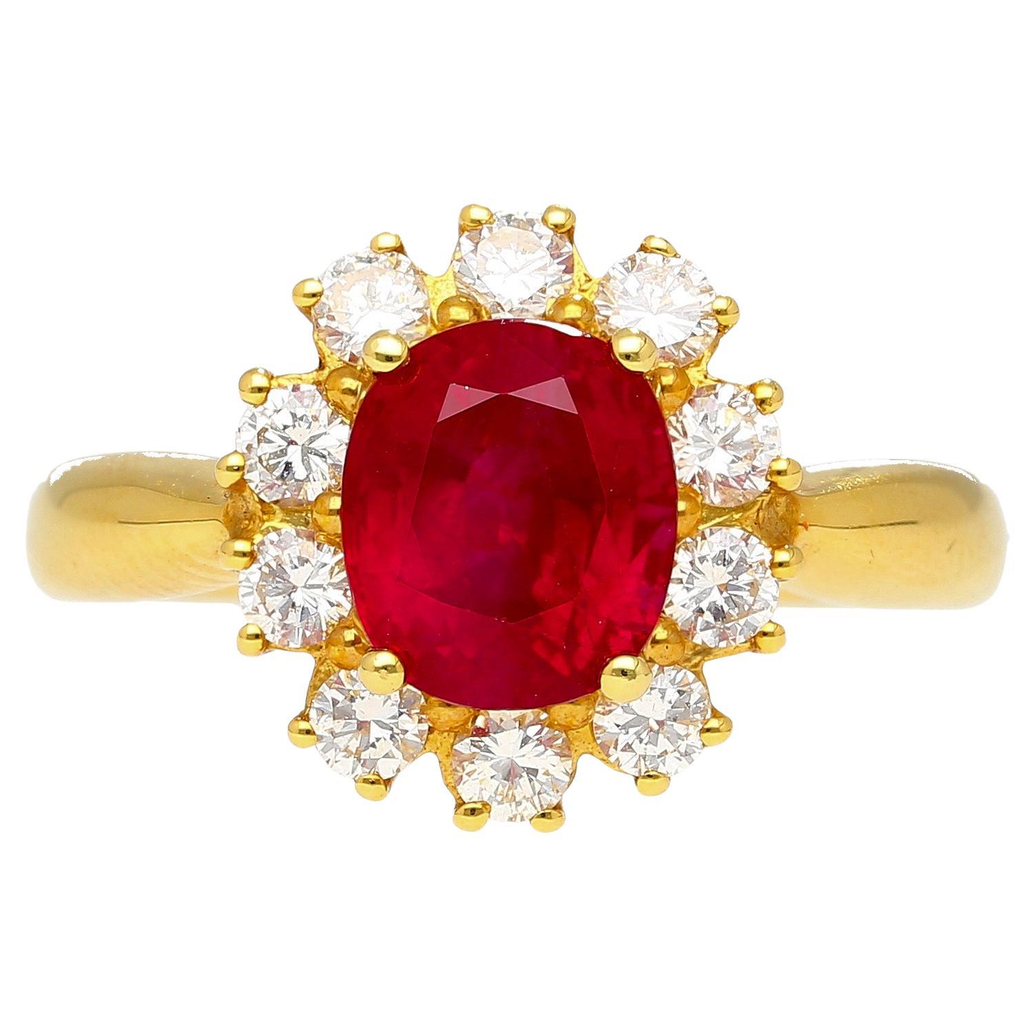 Anillo halo de diamantes y rubí de Birmania, talla oval, certificado GRS 2,99