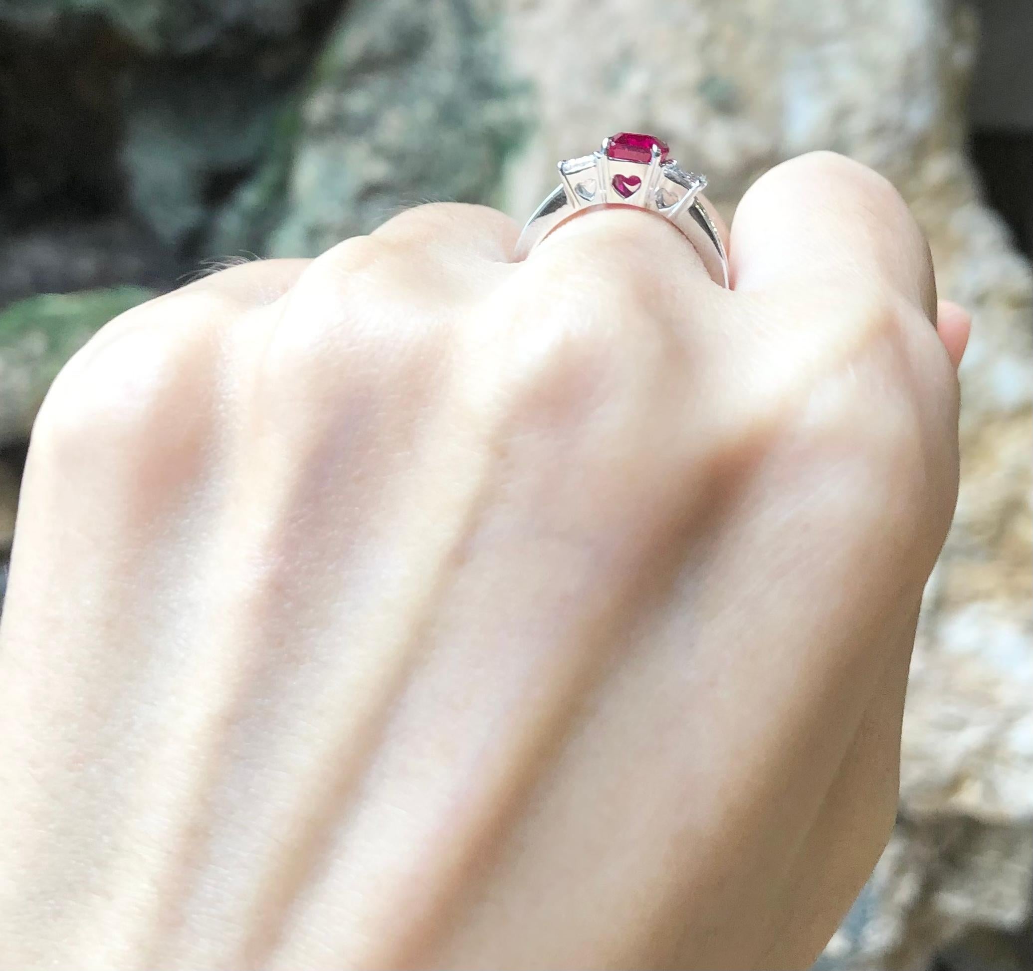 Emerald Cut GRS Certified 2cts Pigeon's Blood Burmese Ruby with Diamond Ring in Platinum For Sale