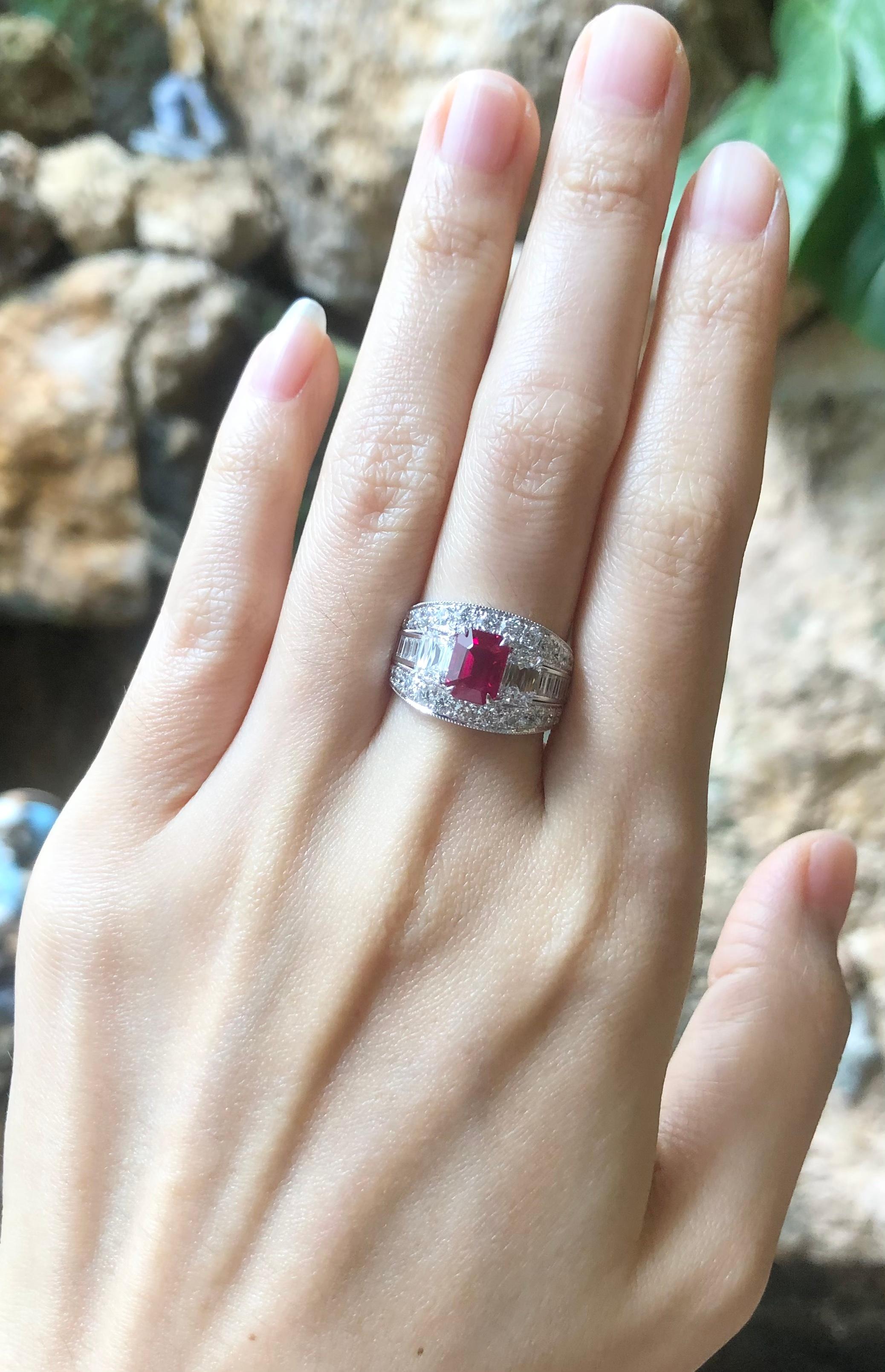Women's GRS Certified 2cts Pigeon's Blood Burmese Ruby with Diamond Ring in Platinum For Sale