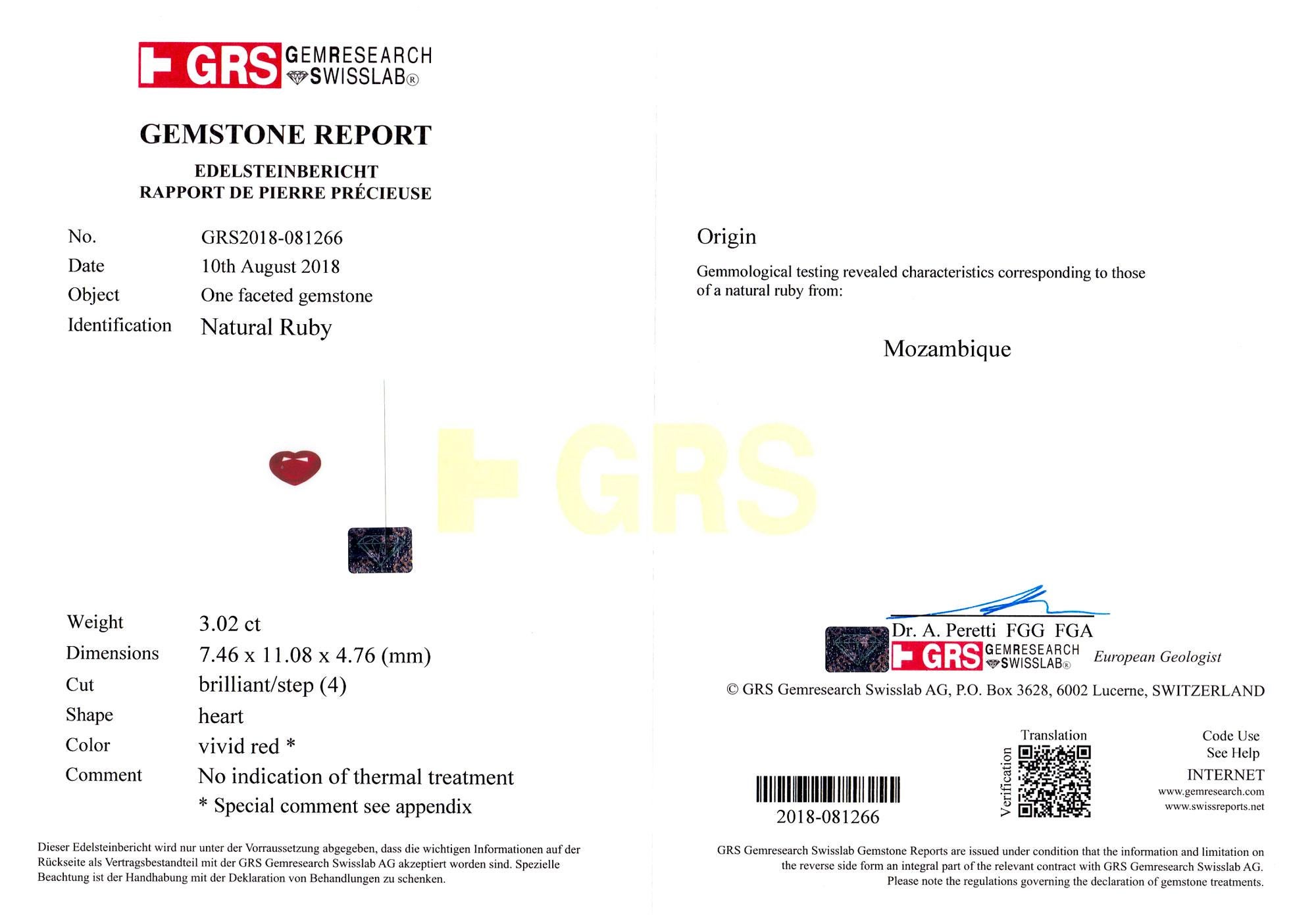 Bague VIVID rouge en forme de cœur de 3 carats certifiée GRS 