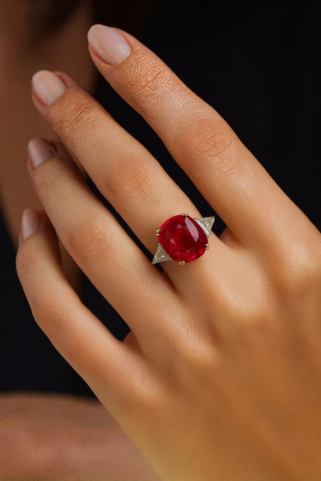 Anello di rubino rosso ovale VIVID certificato GRS da 3 carati in oro giallo 18k In condizioni Nuovo in vendita a Chicago, IL