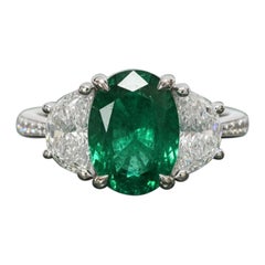 GRS Certified 3 Carat Zambian Emerald Diamond Three-Stone Platinum Ring