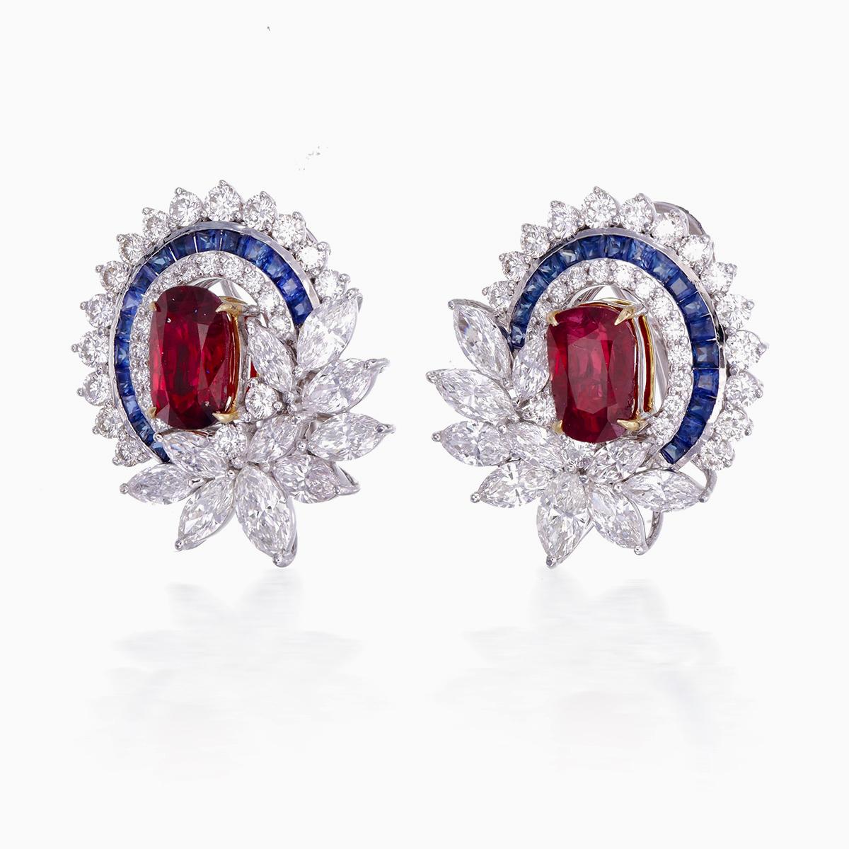 Cushion Cut GRS Certified 3.00 Carat Burmese No Heat Pigeon Blood Ruby and Diamond Earrings For Sale