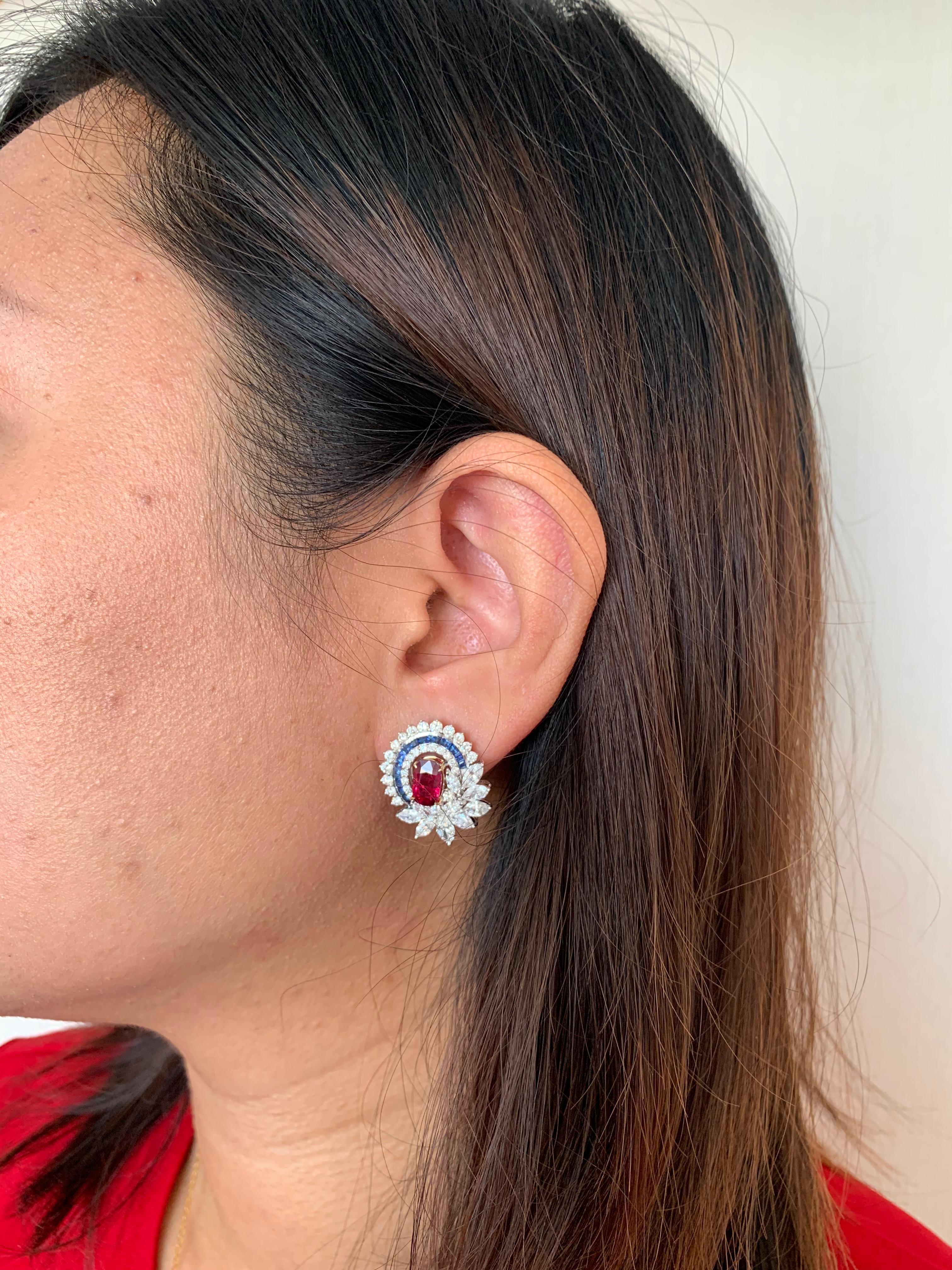 Women's or Men's GRS Certified 3.00 Carat Burmese No Heat Pigeon Blood Ruby and Diamond Earrings For Sale