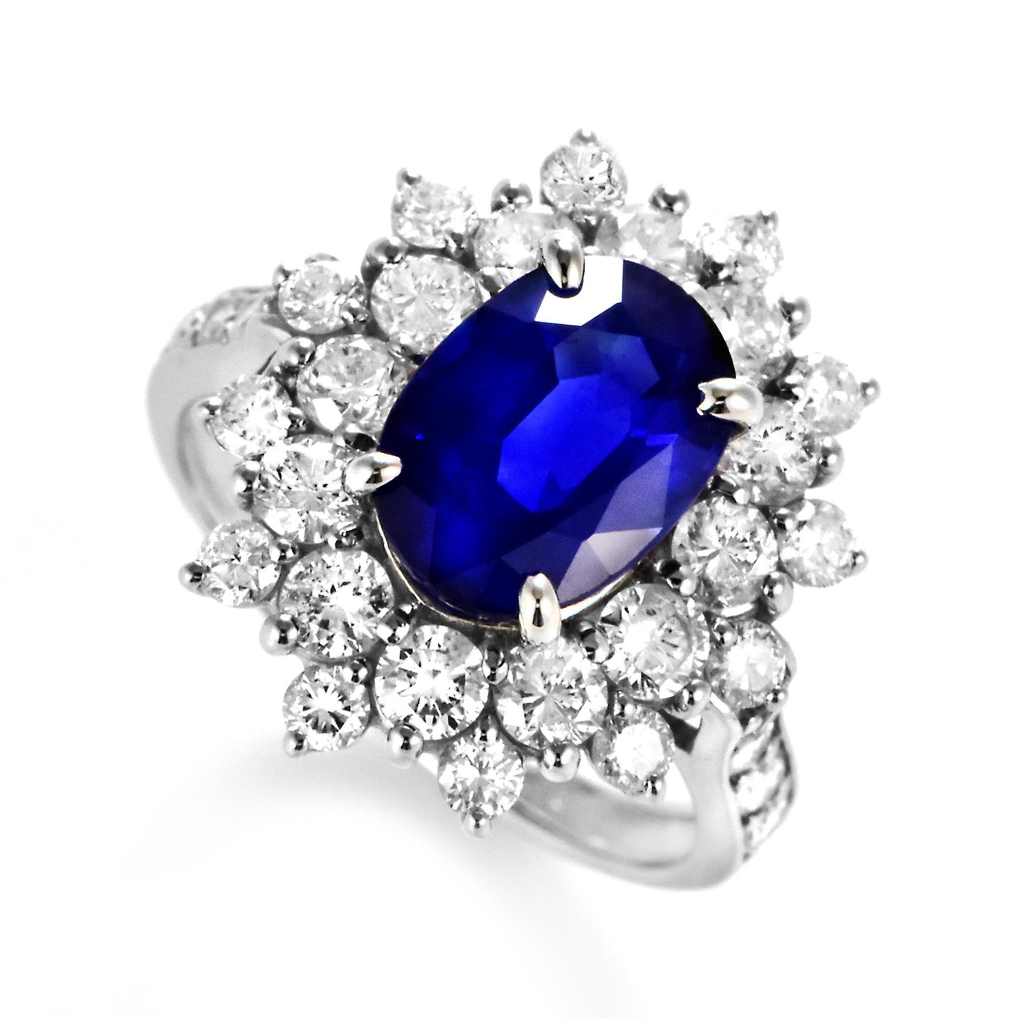 A beautiful ring featuring a GRS Certified 3.00 Carat Natural Royal Blue, Ceylon Sapphire and 1.73 Carat Diamond Accents set in Platinum. Sapphires have extraordinary durability - they excel in hardness as well as toughness and durability making