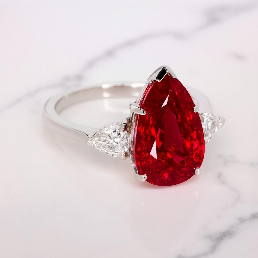 Anello di rubino senza calore rosso vivo certificato GRS da 3,01 carati con diamanti taglio pera in platino

Un tesoro eccezionalmente raro, questo anello presenta un rubino naturale certificato GRS da 3,01 carati, a forma di pera, che mostra