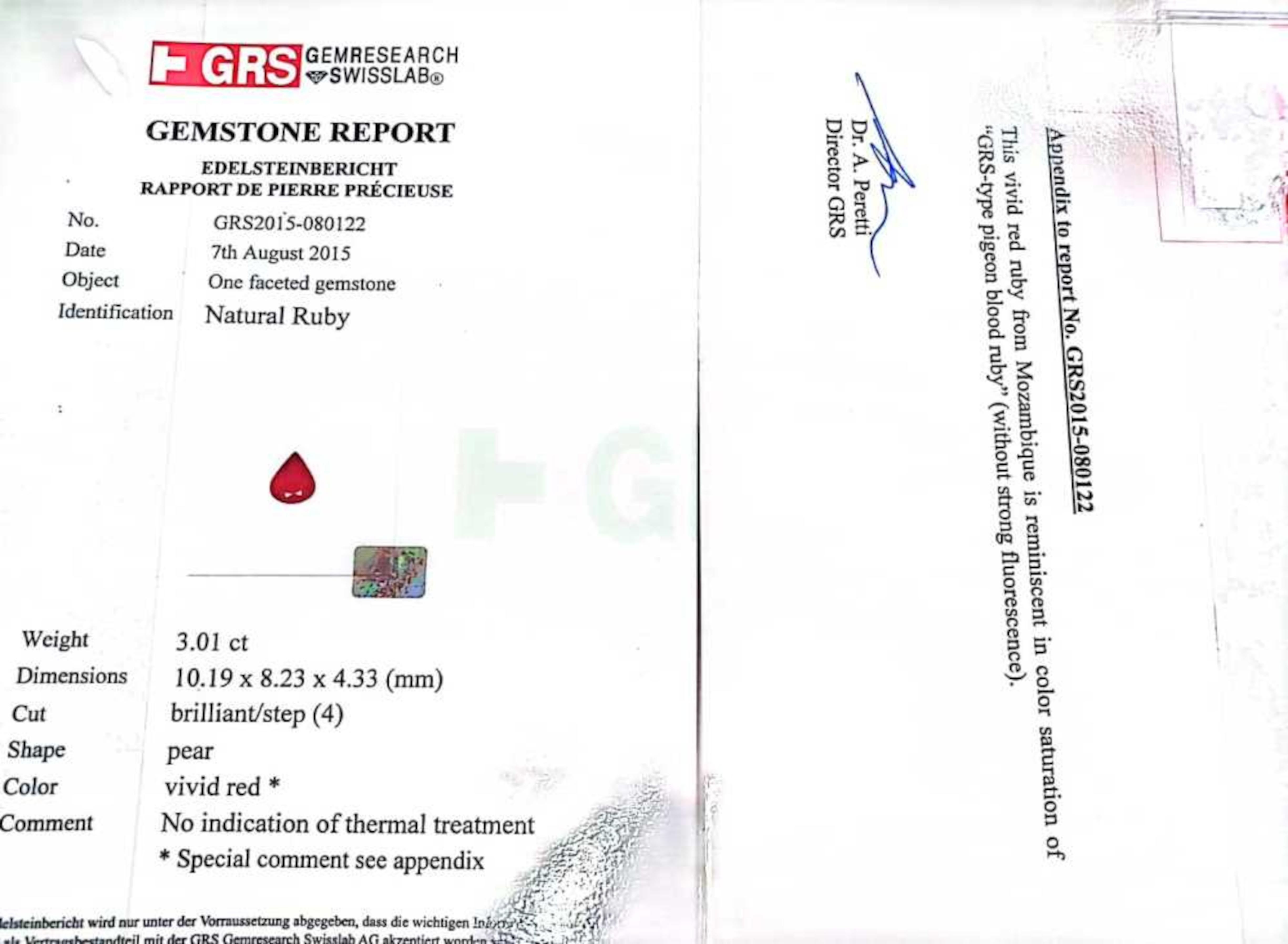 Taglio a goccia Anello di rubino rosso vivo senza calore certificato GRS da 3,01 carati in vendita