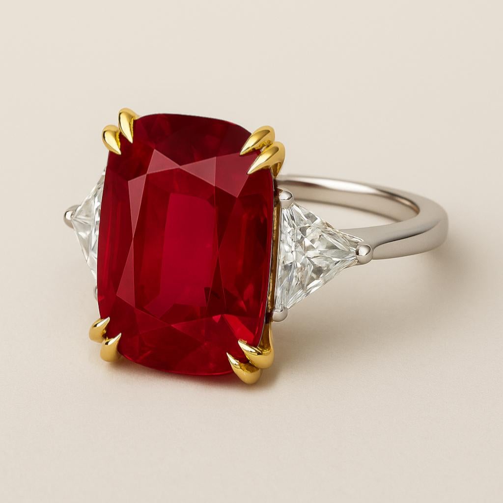A remarkable statement of rarity and color, this exquisite three-stone ring features a 3.02 carat vivid red ruby of Mozambique origin, certified by GRS. The gemstone displays the coveted 