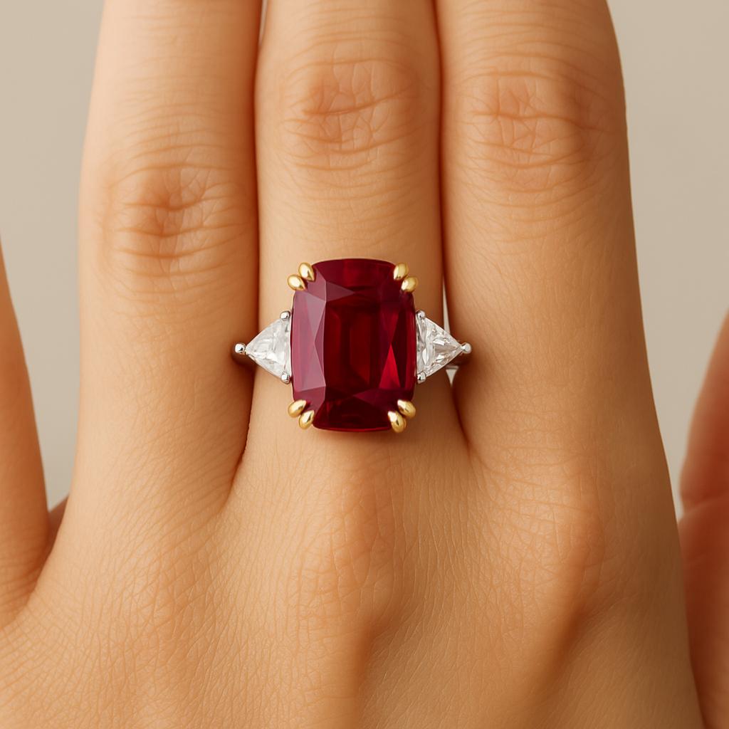 Contemporary GRS Certified 3.02 Carat Pigeon Blood Ruby and Diamond Trillion Ring in Platinum For Sale