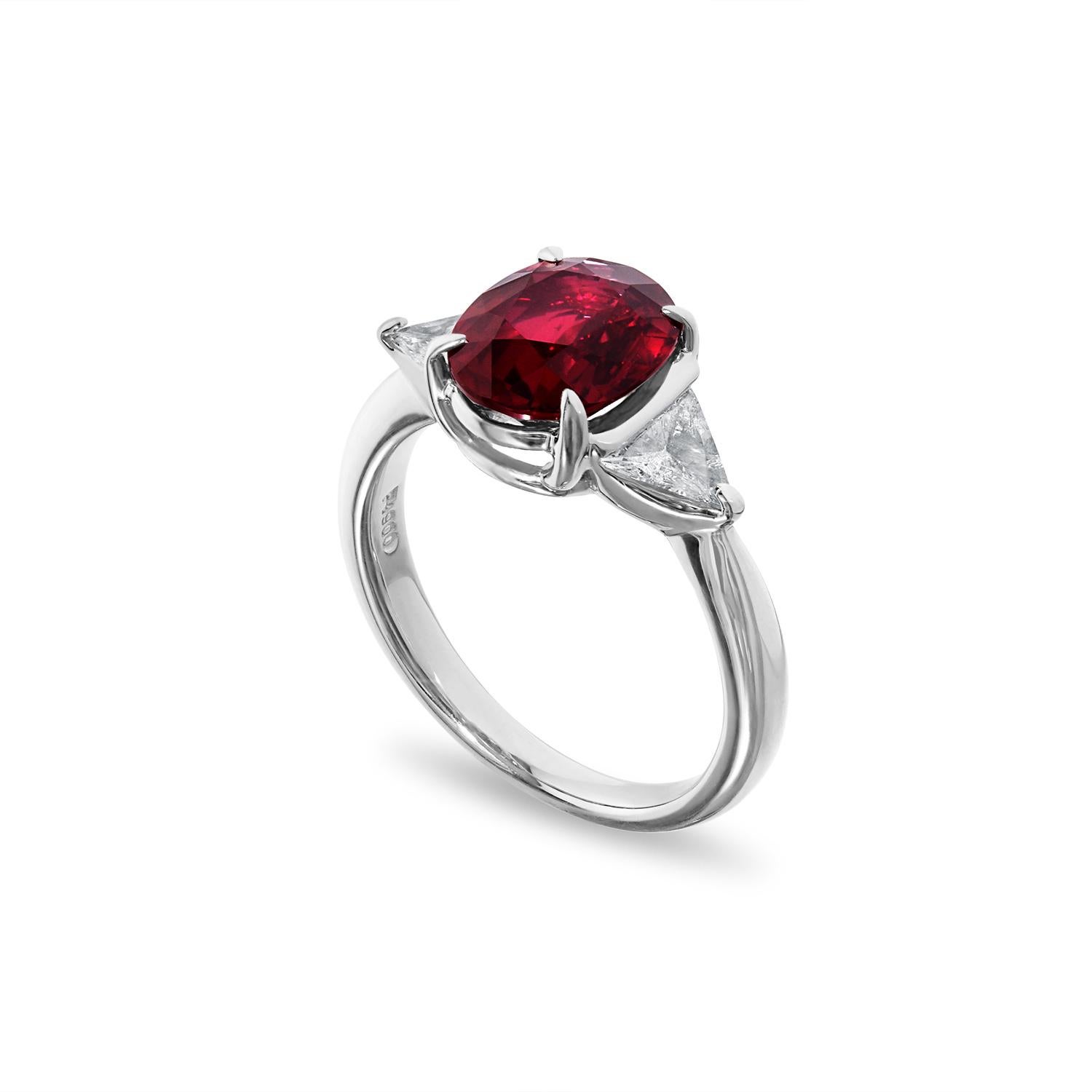 A beautiful 3.02-carat Vivid Red ruby from Mozambique is set along with 0.43 carats of diamonds in this PT ring. Ever classical and a great investment piece, this piece is a head-turner. This piece will come with a GRS report certificate.

The