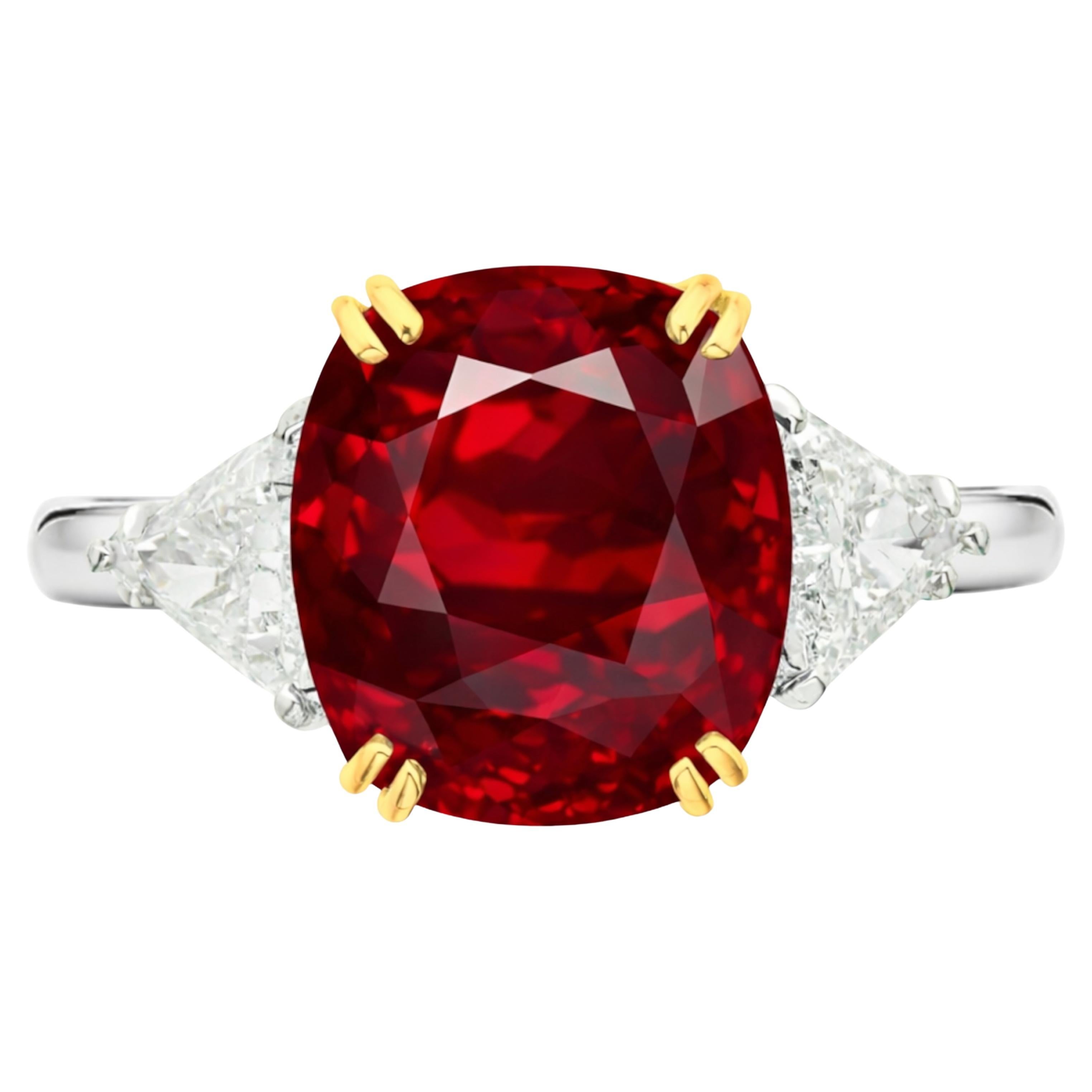 GRS Certified 3.02 Carat Pigeon’s Blood Ruby Ring with Trillion-Cut Diamond Side For Sale