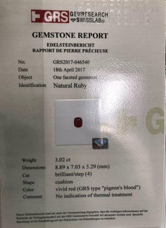 GRS Certified 3.02ct Pigeon's Blood Ruby Trapezoid Diamond Platinum