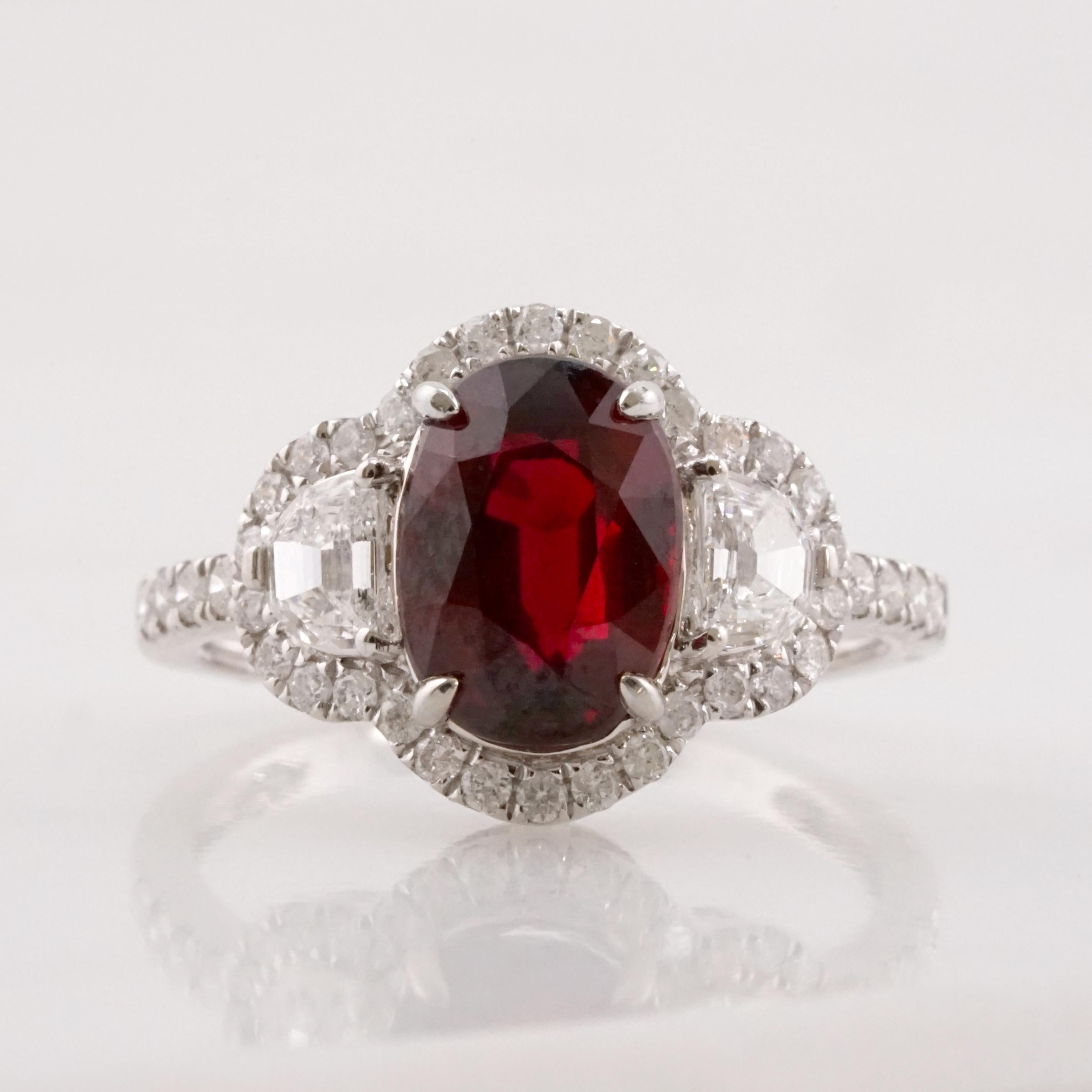 This Antinori Di Sanpietro creation is a luxurious display of craftsmanship and beauty. 

It features a stunning GRS Certified 3.04-carat oval unheated ruby, its vibrant deep red hue capturing the essence of sophistication. 

The ruby, sourced from