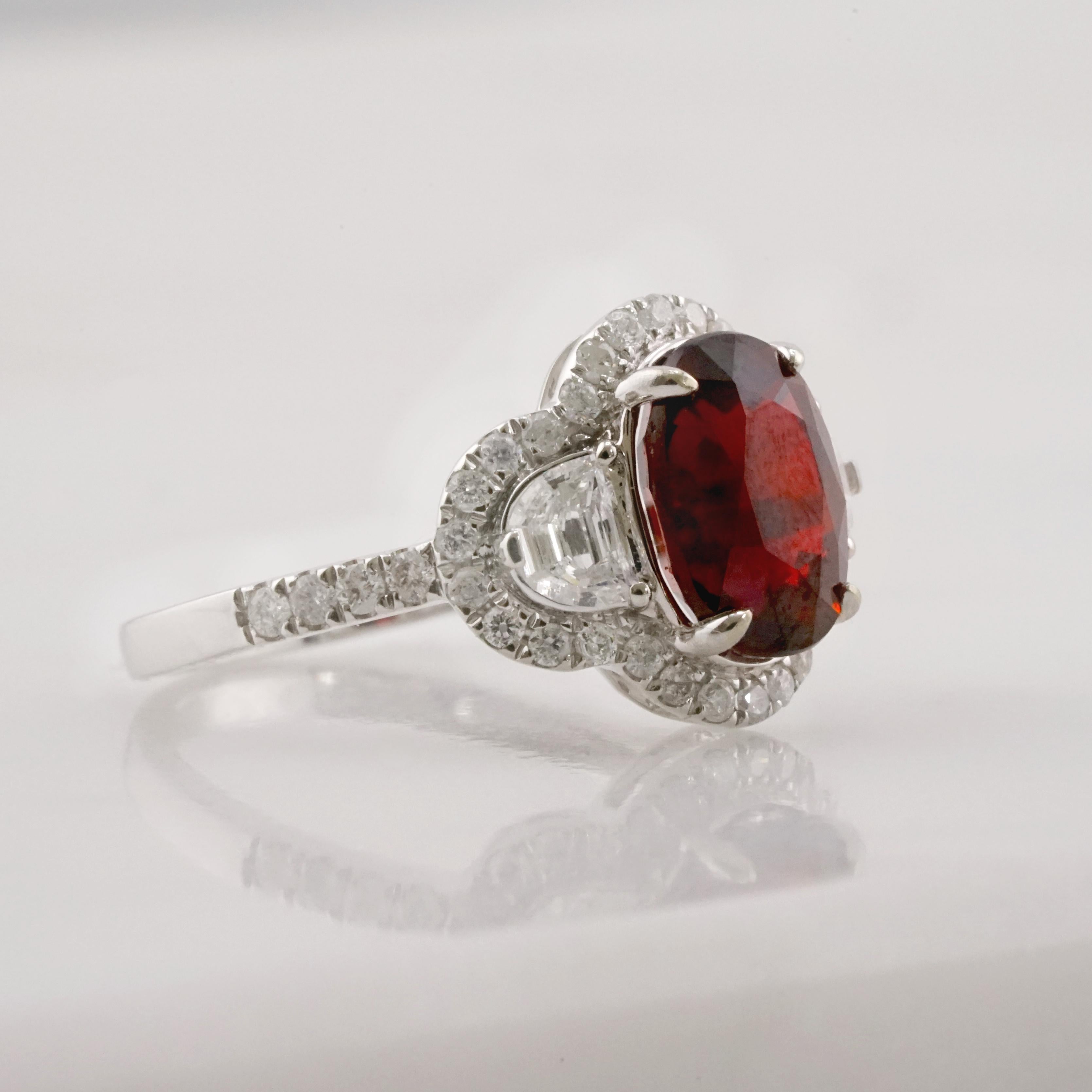 Contemporary GRS Certified 3.04 carat Oval Unheated Ruby 18K White Gold Ring For Sale