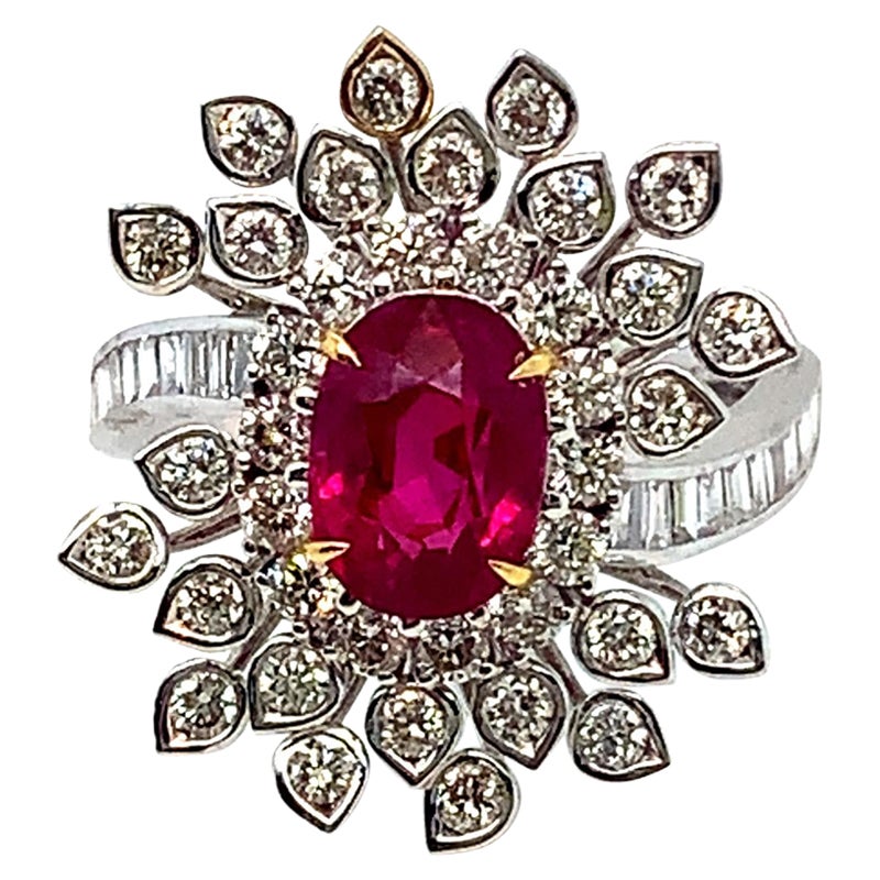 GRS-zertifizierter Cocktailring mit 3,08 Karat burmesischem, erhitztem Rubin und Diamant