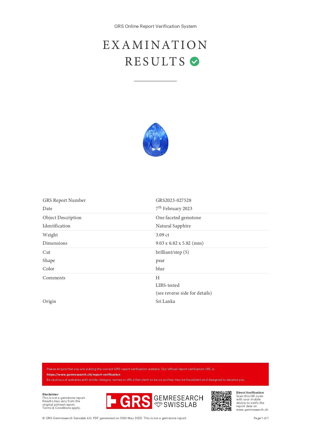 Bague certifiée GRS de 3,09 ct de saphir taille poire et 0,07 ct de diamant en or jaune 14K Neuf - En vente à Warszawa, PL