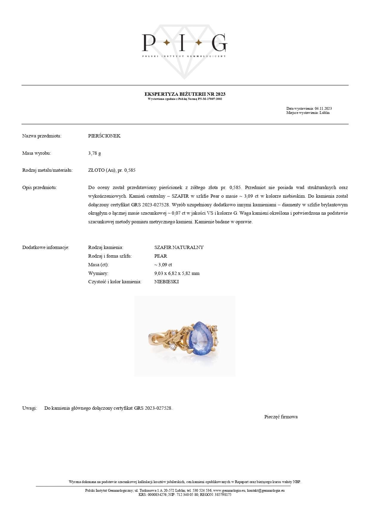 Bague certifiée GRS de 3,09 ct de saphir taille poire et 0,07 ct de diamant en or jaune 14K Pour femmes en vente