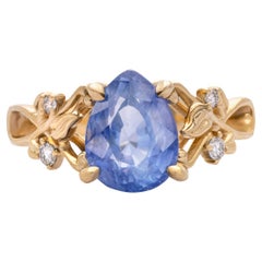 Bague certifiée GRS de 3,09 ct de saphir taille poire et 0,07 ct de diamant en or jaune 14K