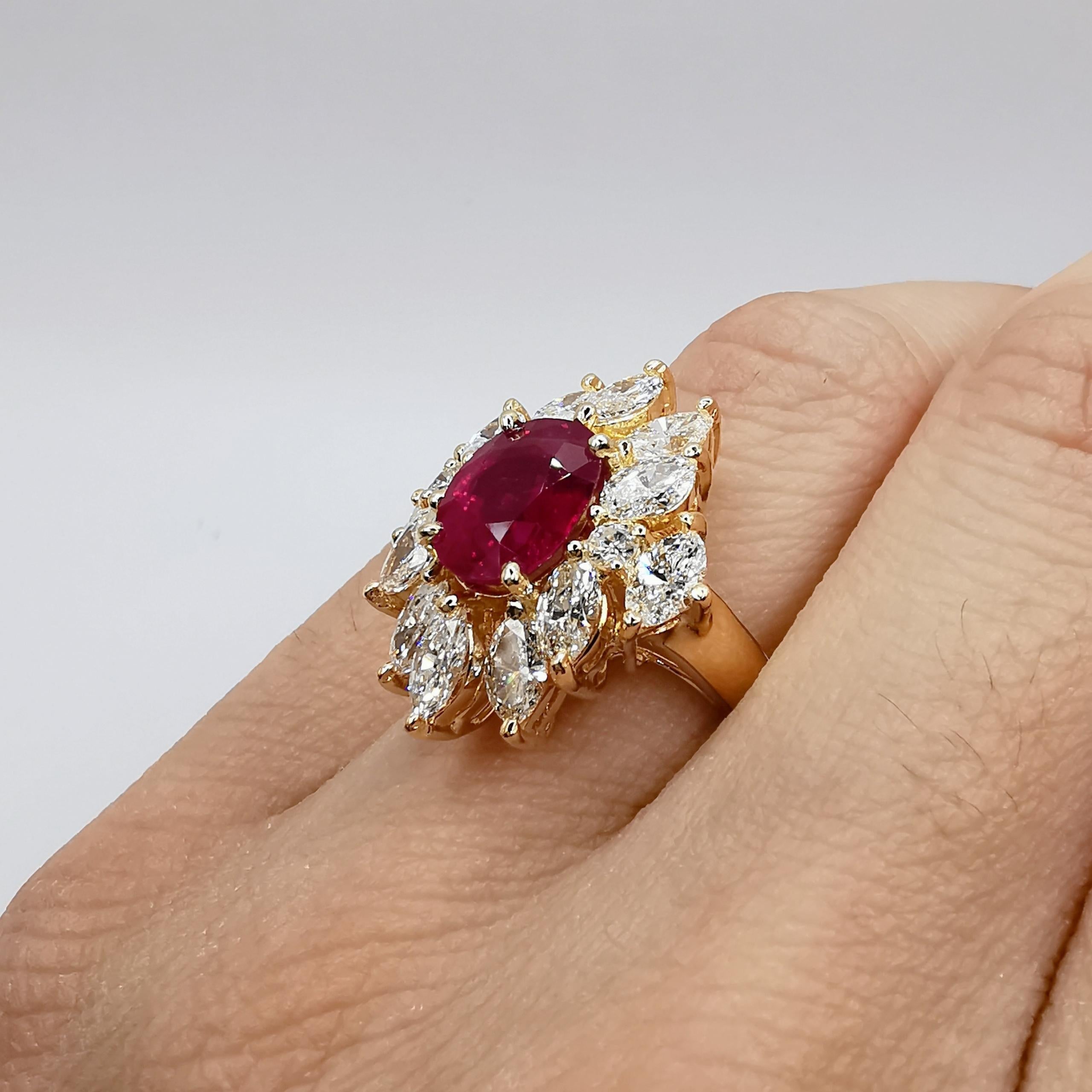 GRS Certified 3.11 Carat Natural Oval Ruby Marquise Diamond Ring in Yellow Gold For Sale 1