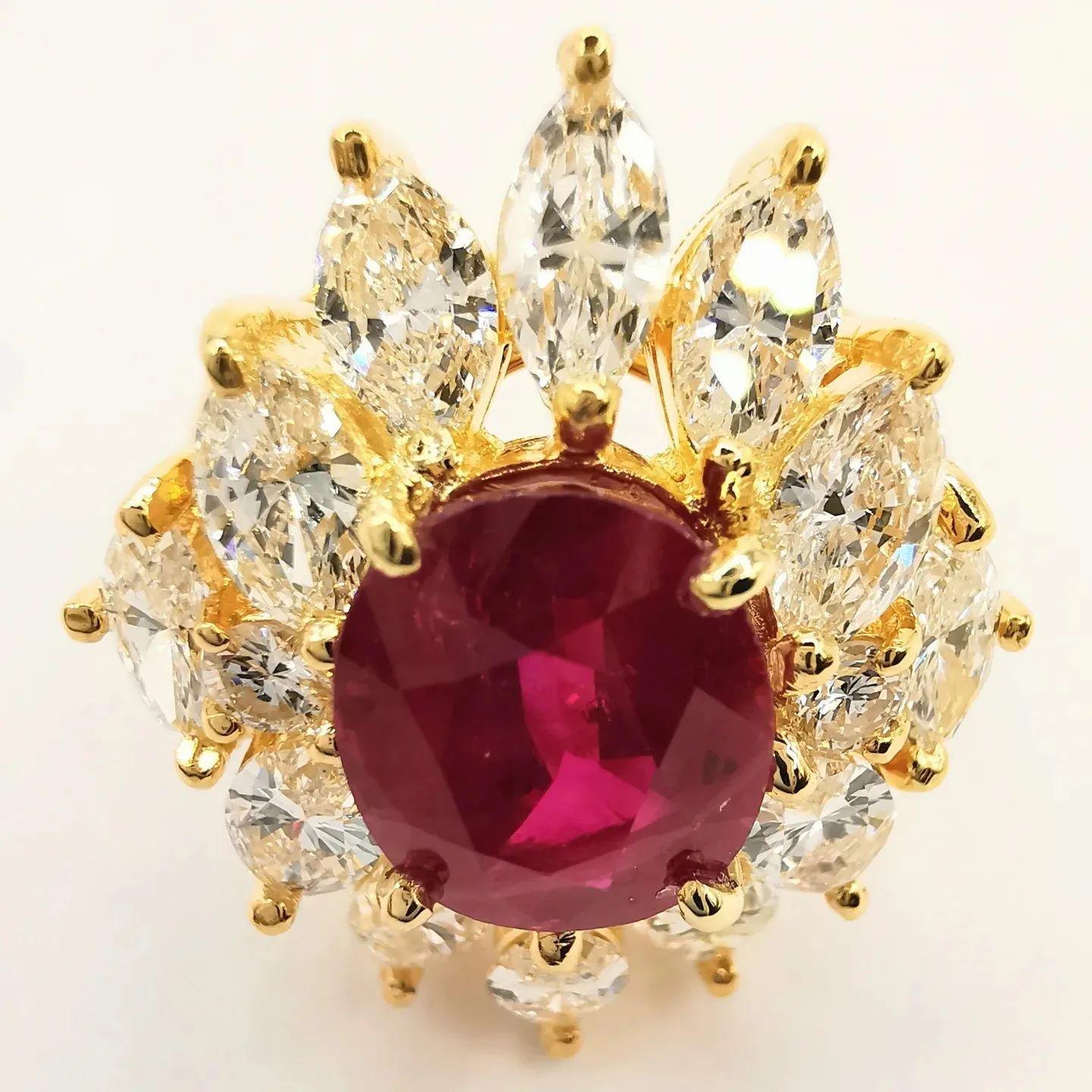 Introducing our stunning GRS Certified 3.11 Carat Natural Oval Ruby Marquise Diamond Ring, crafted in 850 yellow gold. This ring features a natural oval cut red ruby from Siam (Thailand) with a weight of 3.11ct, the red color of the ruby adds a