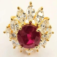 GRS Certified 3.11 Carat Natural Oval Ruby Marquise Diamond Ring in Yellow Gold