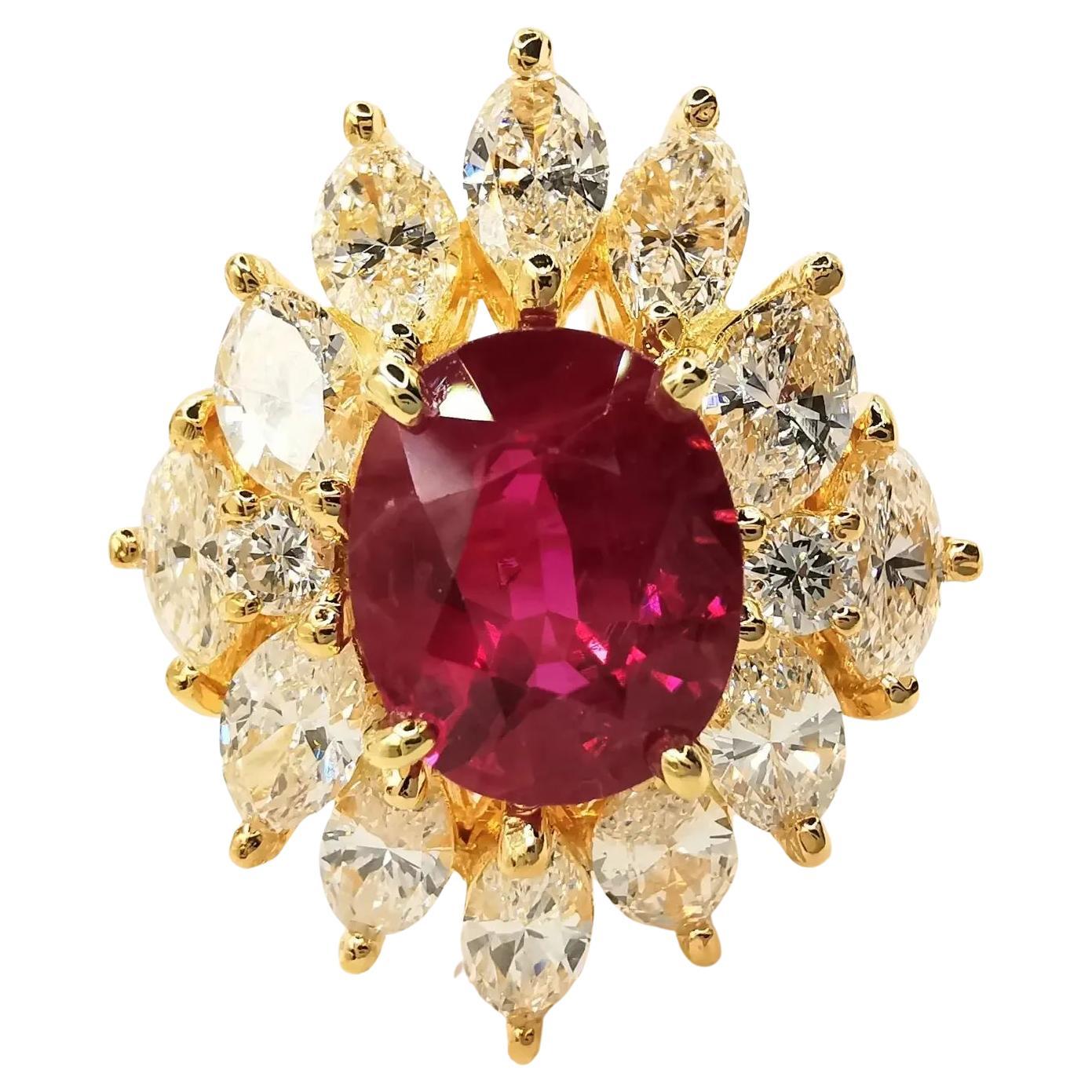 Bague en or jaune avec diamant marquise et rubis ovale naturel certifié GRS de 3,11 carats