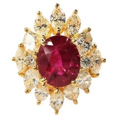 Used GRS Certified 3.11 Carat Natural Oval Ruby Marquise Diamond Ring in Yellow Gold