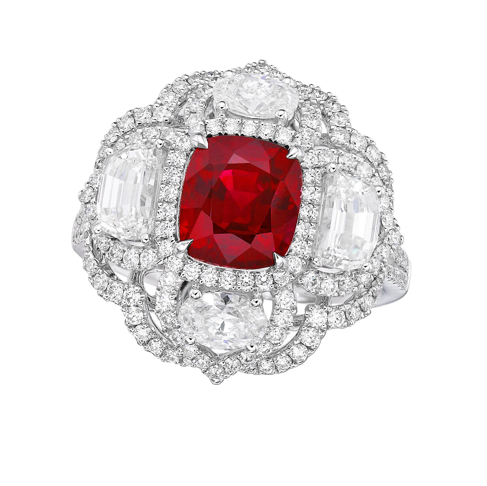 GRS Certified 3.11 Carat Unheated Madagascar Ruby Diamond Ring For Sale