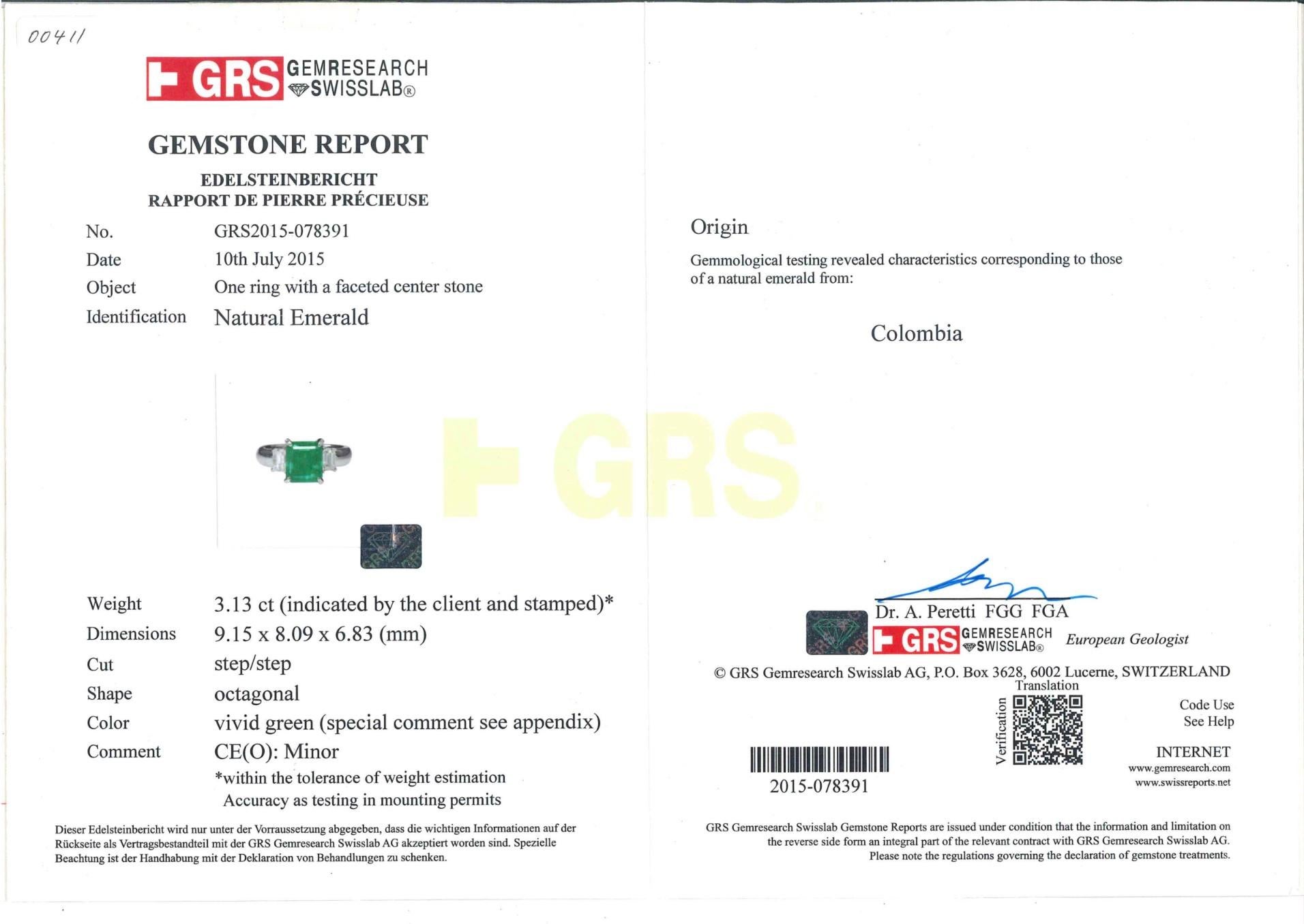 Octagon Cut GRS Certified 3.13 ct Muzo 