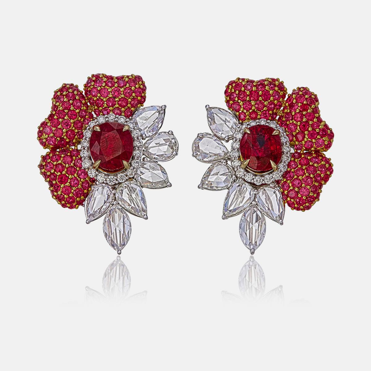 Round Cut GRS Certified 3.16 Carats Pigeon Blood Ruby Earrings in 18 Karat White Gold For Sale