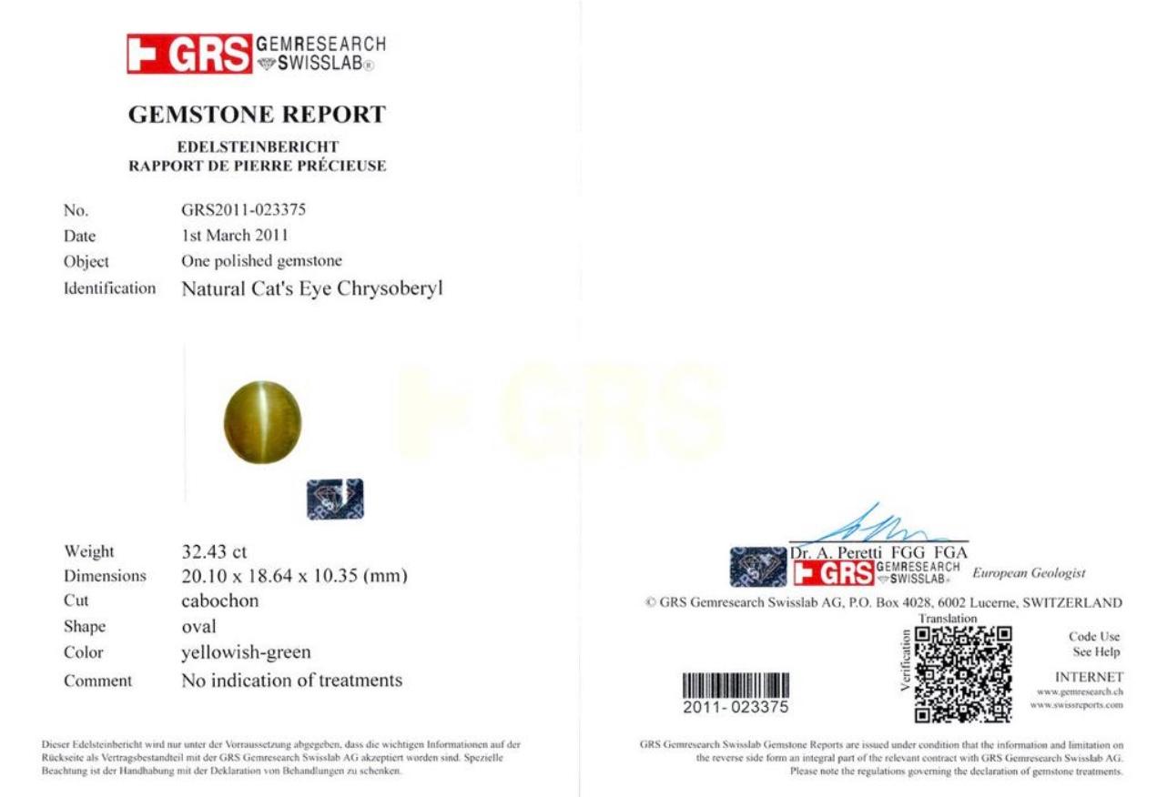 GRS Certified 32.0 Carat Natural Cat's Eye Chrysoberyl Diamond Ring, Massive 11