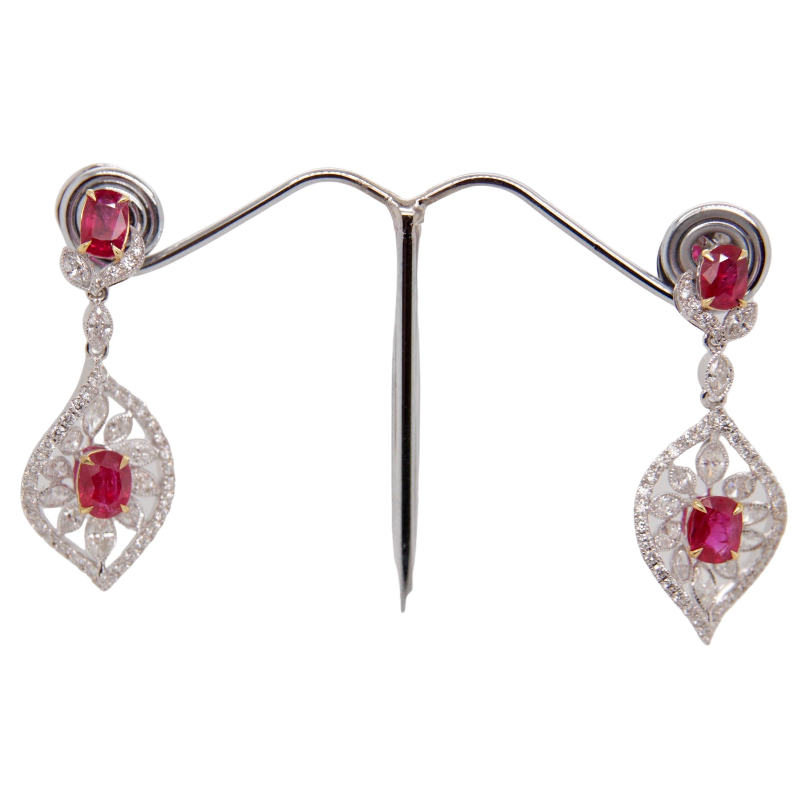 Boucles d'oreilles en rubis sang de pigeon birman non chauffé et diamants de 3.22 carat certifiés GRS