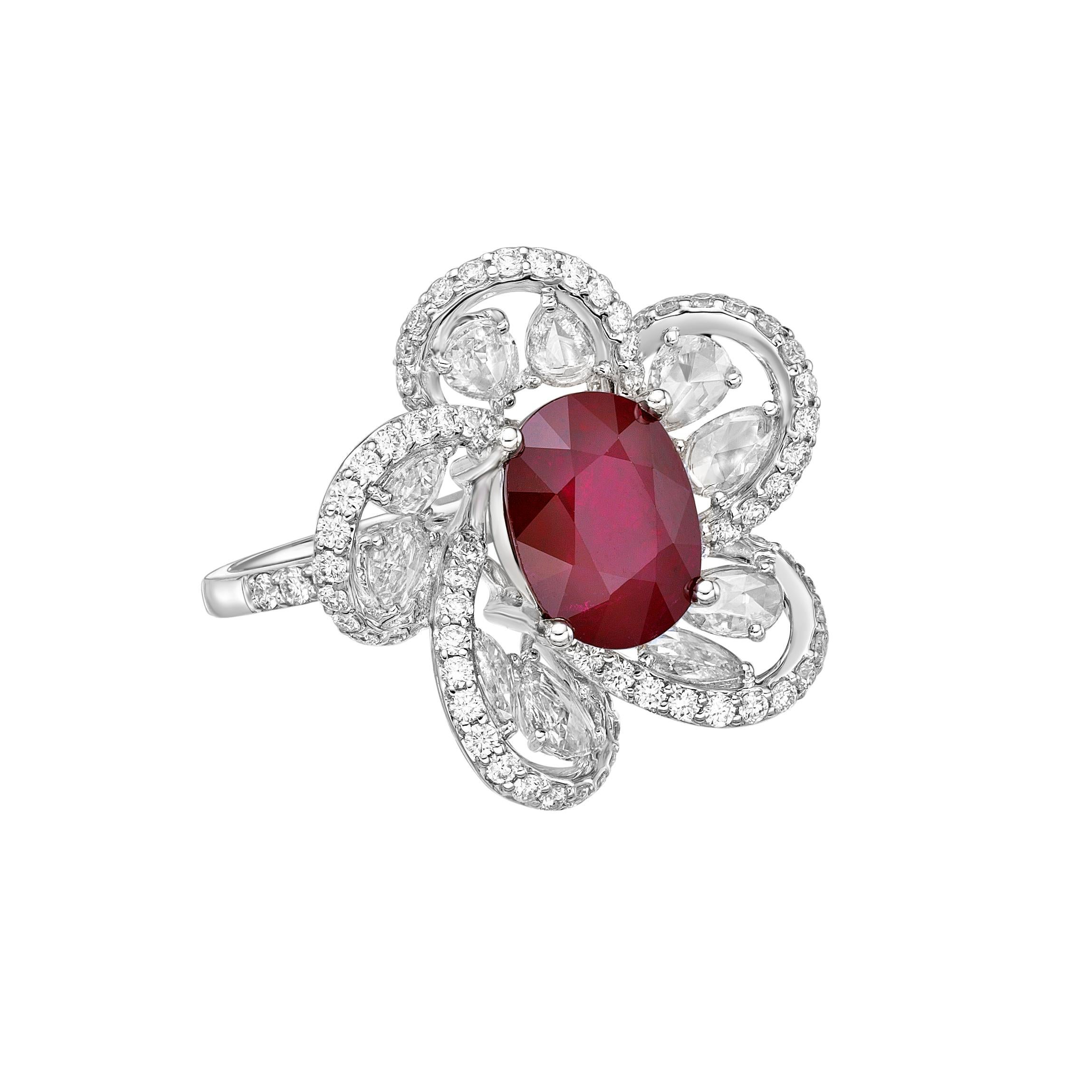 Oval Cut GRS Certified 3.29 Carat Ruby and Diamond Ring in 18 Karat White Gold For Sale