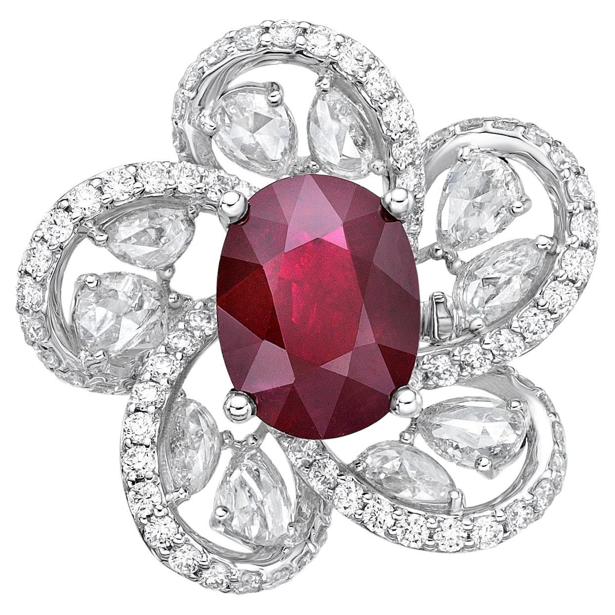 GRS Certified 3.29 Carat Ruby and Diamond Ring in 18 Karat White Gold