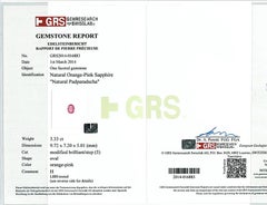 Natural Padparadscha Sapphire Stone 3.33 cts in Platinum Ring w Dia / GRS Report