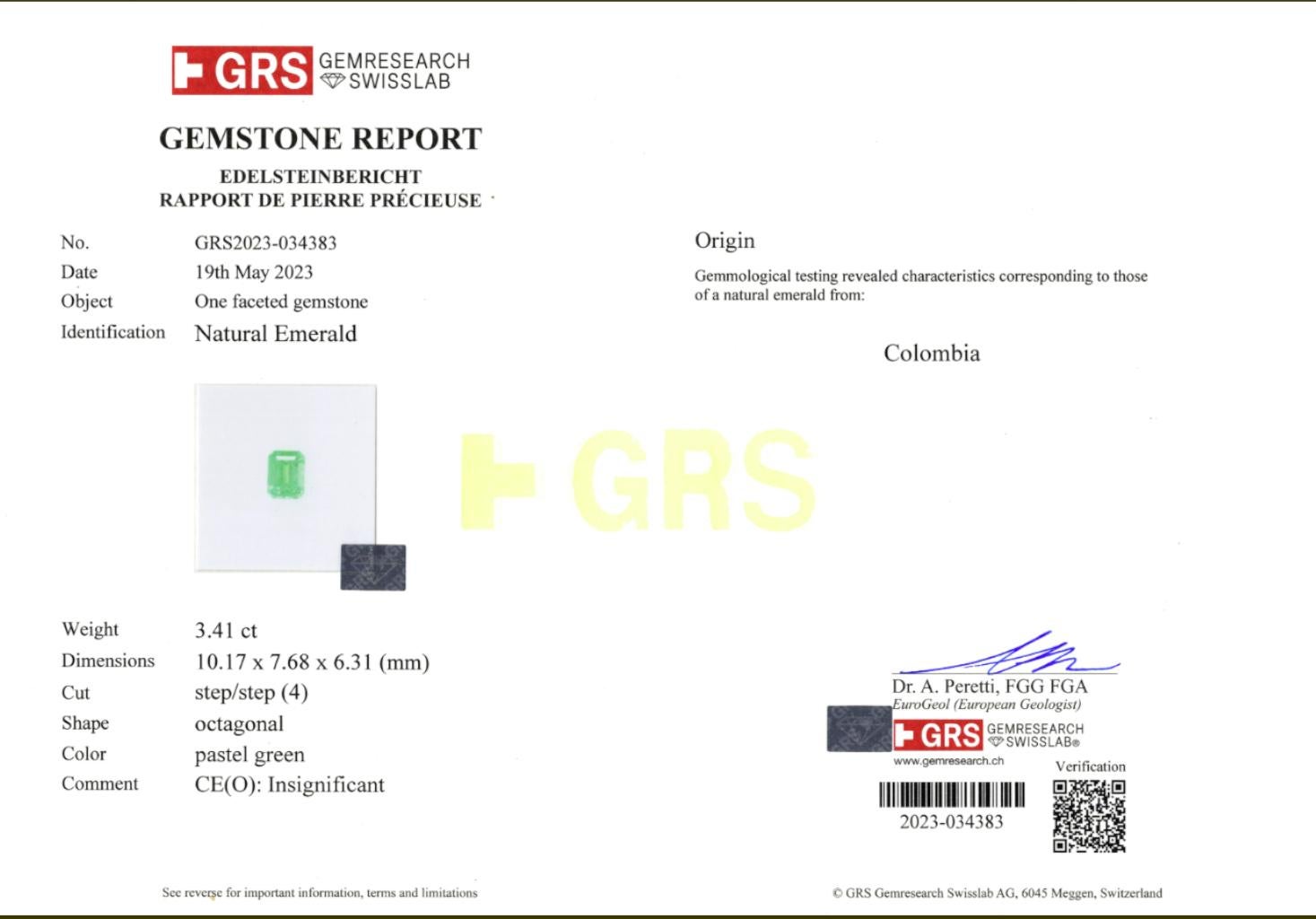 GIA Certified 3.41 Carat Colombian Emerald and Diamond Three-Stone Ring

A magnificent Colombian emerald graces the center of this elegant three-stone ring, weighing 3.41 carats and certified by GRS (GemResearch Swisslab). The emerald displays a