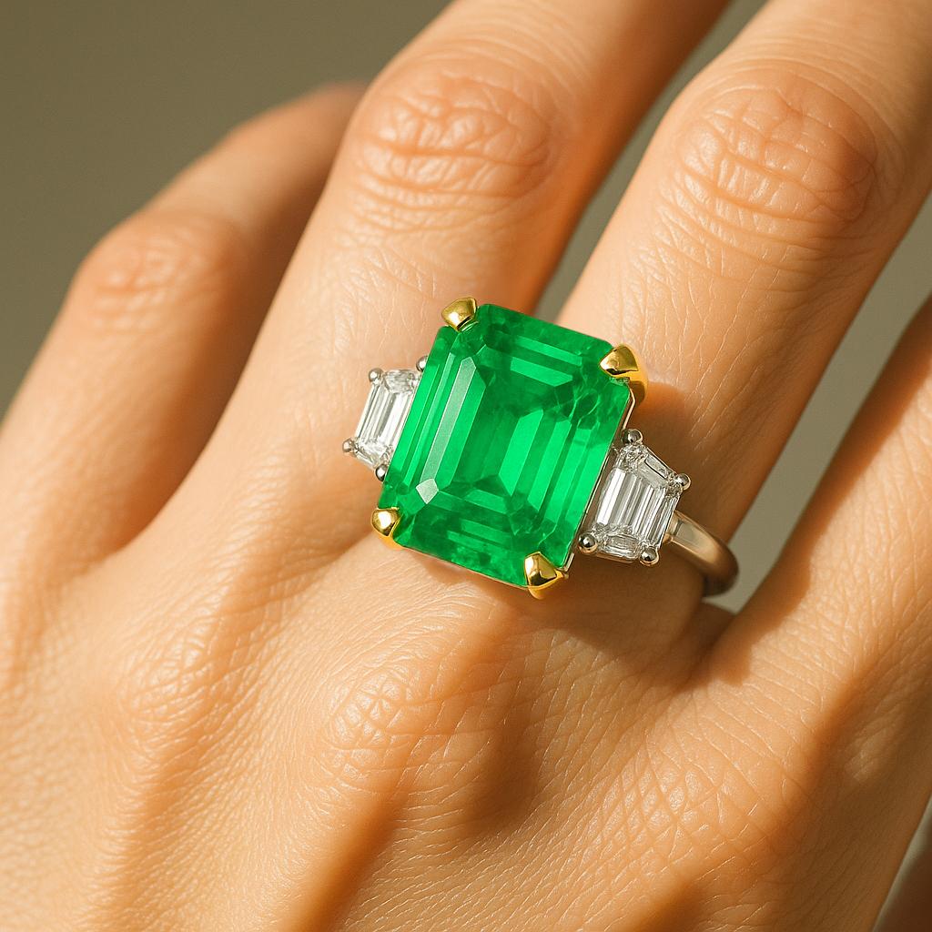Contemporary GRS Certified 3.41 Carat Colombian Minor Oil Emerald Three-Stone Ring For Sale