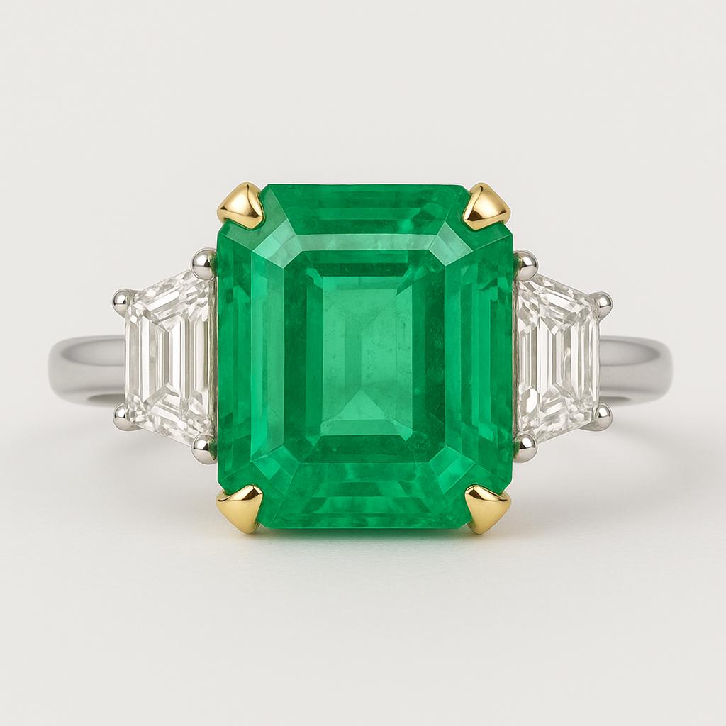 GRS Certified 3.41 Carat Colombian Minor Oil Emerald Three-Stone Ring In New Condition For Sale In Chicago, IL