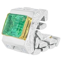 GRS Certified 3.43 Carat Colombian Emerald Mens Link Ring in Platinum and Gold
