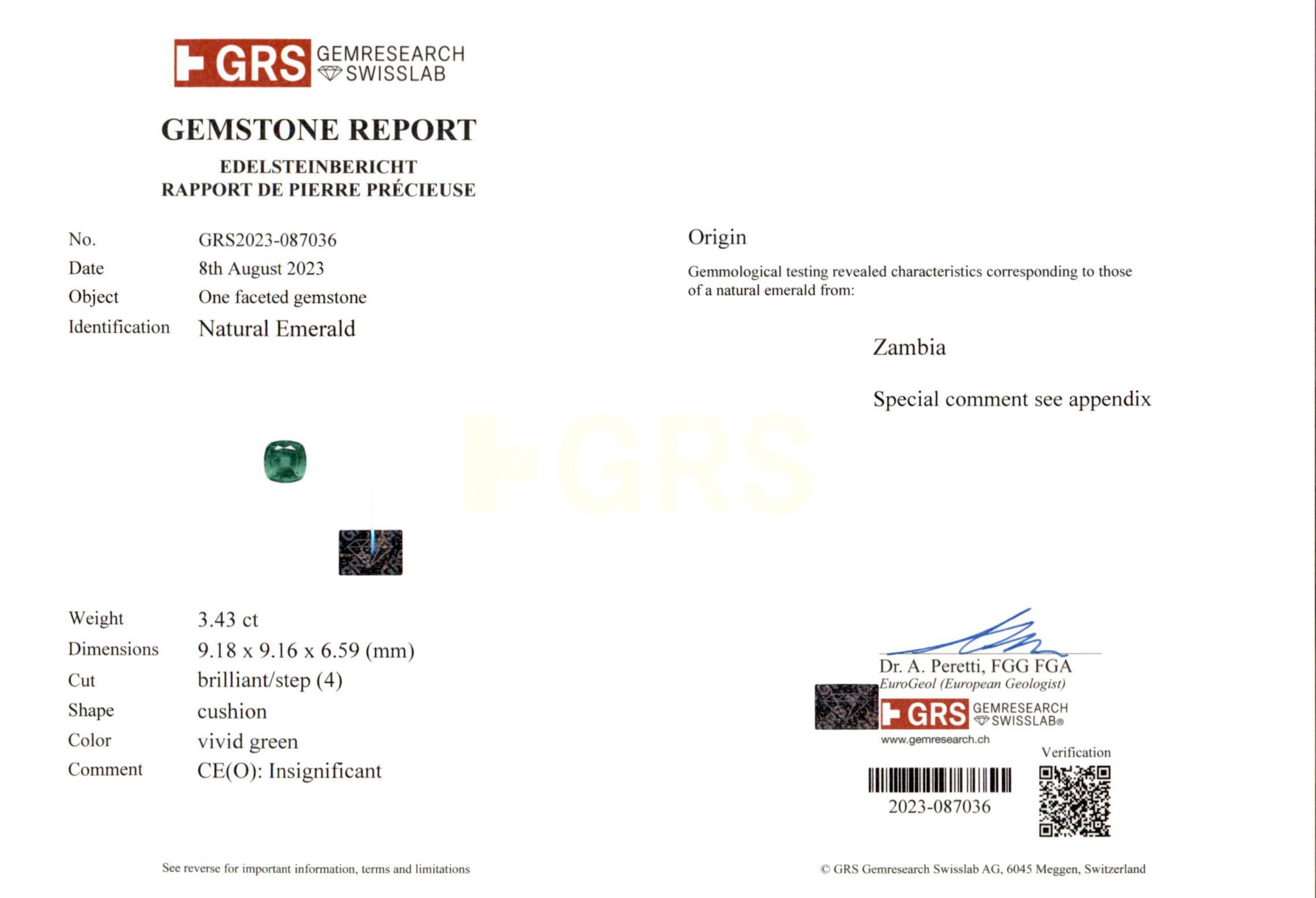 Contemporary GRS Certified 3.43 Carat Cushion Green Emerald Diamond Platinum Ring For Sale