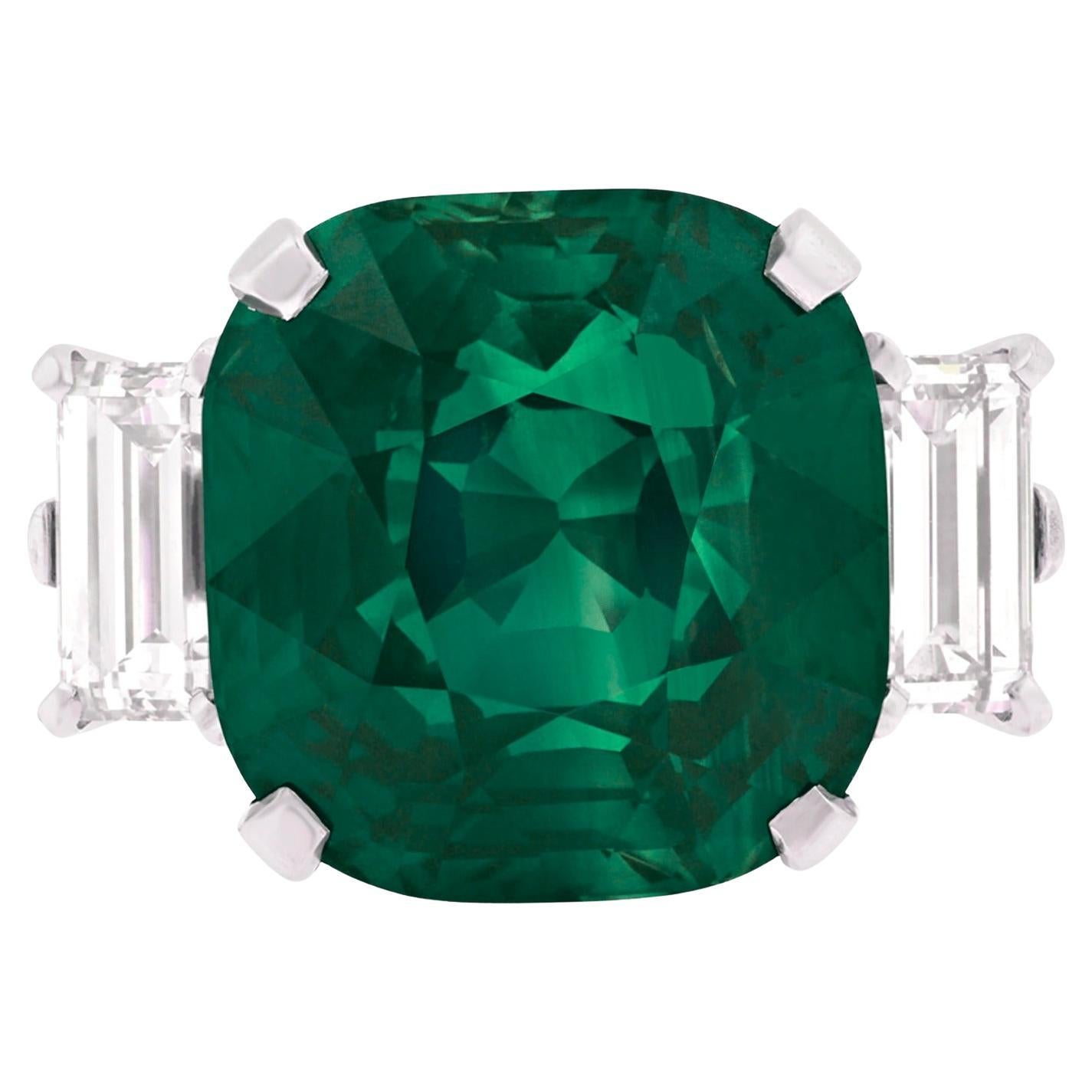 GRS Certified 3.43 Carat Cushion Green Emerald Diamond Platinum Ring For Sale