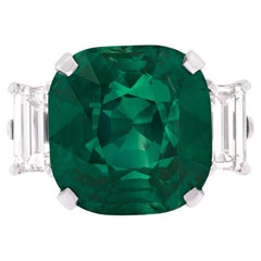 GRS Certified 3.43 Carat Cushion Green Emerald Diamond Platinum Ring