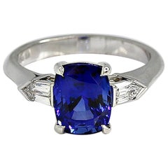 GRS Certified 3.48 Carat Cushion Royal Blue Sapphire and Diamond Ring