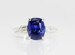 GRS Certified 3.48 Carat Cushion Royal Blue Sapphire and Diamond Ring
