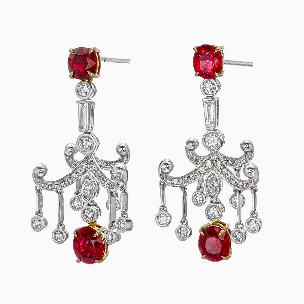 Taglio ovale GRS Certified 3.49 Carat Burma Ruby Pigeon Blod And Diamond Earrings In 18K WG in vendita