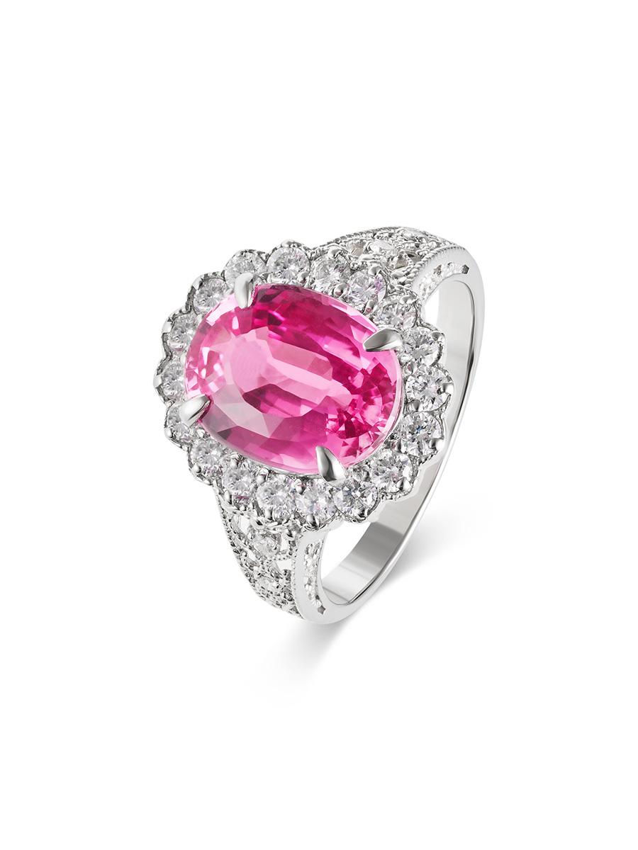 Our Art Deco–Inspired Pink Sapphire Ring. Set in platinum, this ring centres around a rare 3.5 carat vivid pink sapphire—certified by the esteemed Gem Research Lab Switzerland for its exceptional quality and natural origin.

Specifications:
Metal: