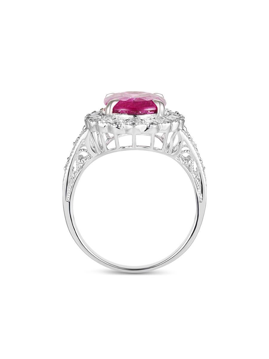 Art Deco GRS Certified 3.5 carat Exceptional Pink Sapphire & Diamond Halo Platinum Ring For Sale