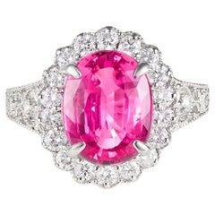 GRS Certified 3.5 carat Exceptional Pink Sapphire & Diamond Halo Platinum Ring