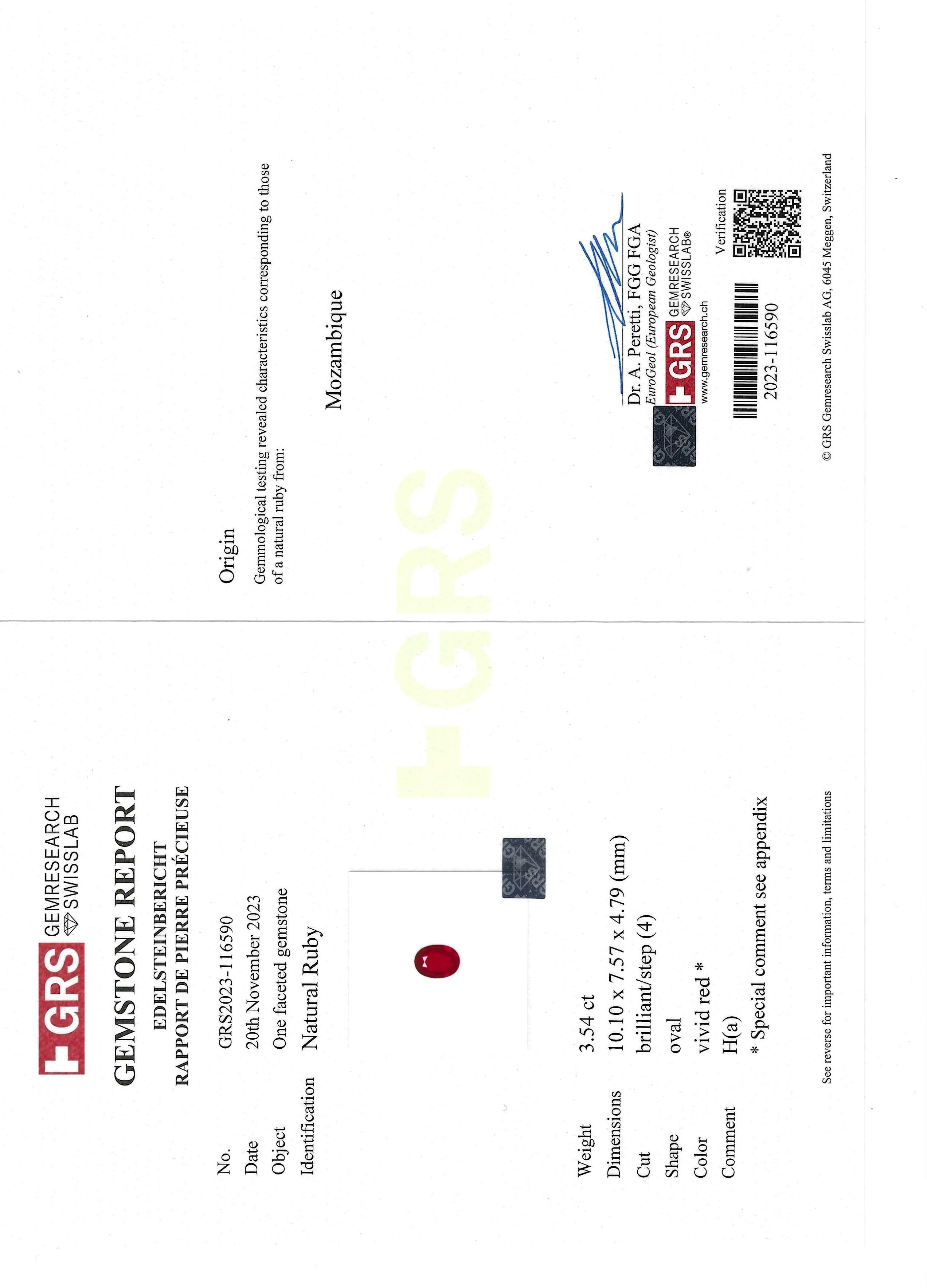 Taglio ovale Anello di rubino del Mozambico rosso vivo certificato GRS da 3,54 carati in vendita