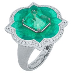 GRS Certified 3.55 Colombian Emerald Diamond Enamel 18 Karat Gold Cocktail Ring